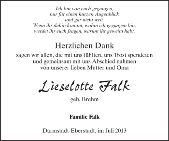 Traueranzeige von Lieselotte Falk von Darmstädter Echo, Odenwälder Echo, Rüsselsheimer Echo, Groß-Gerauer-Echo, Ried Echo