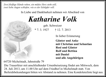 Traueranzeige von Katherine Volk von Odenwälder Echo