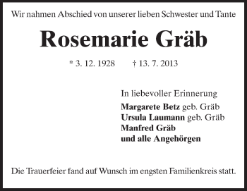 Traueranzeige von Rosemarie Gräb von Echo-Zeitungen (Gesamtausgabe)