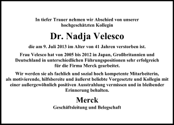 Traueranzeige von Nadja Velesco von Echo-Zeitungen (Gesamtausgabe)