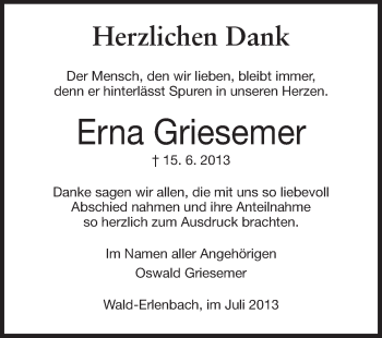 Traueranzeige von Erna Griesemer von Starkenburger Echo