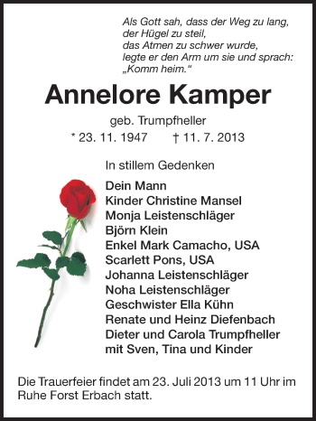 Traueranzeige von Annelore Kamper von Echo-Zeitungen (Gesamtausgabe)