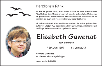 Traueranzeige von Elisabeth Gawenat von Echo-Zeitungen (Gesamtausgabe)