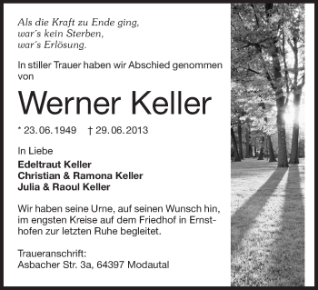 Traueranzeige von Werner Keller von Echo-Zeitungen (Gesamtausgabe)