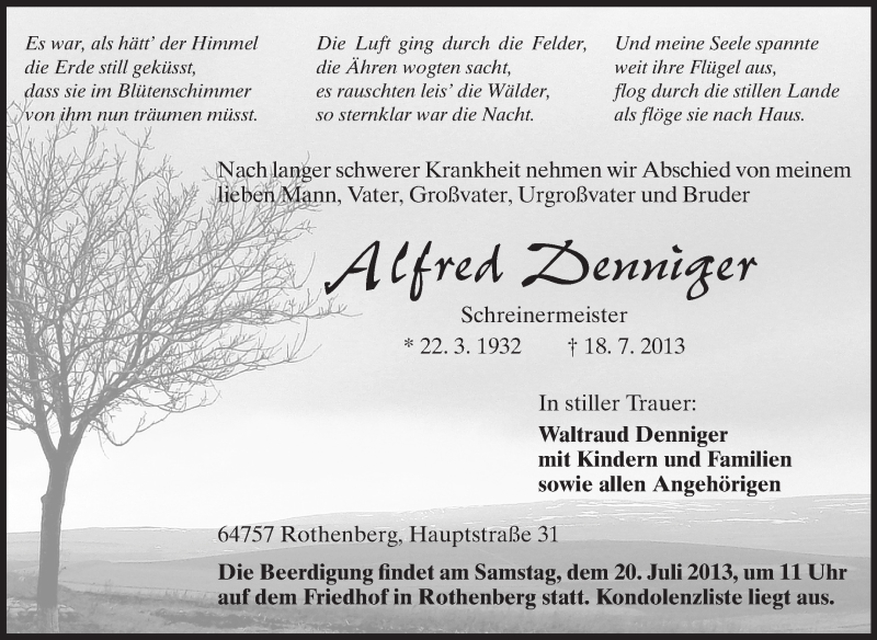 Traueranzeige für Alfred Denninger vom 19.07.2013 aus Odenwälder Echo