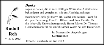 Traueranzeige von Rudolf Reh von Odenwälder Echo