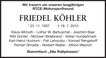 Traueranzeige von Friedel Köhler von Echo-Zeitungen (Gesamtausgabe)