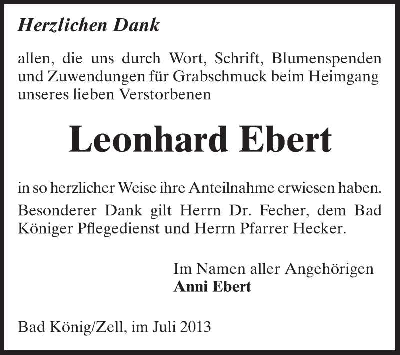  Traueranzeige für Leonhard Ebert vom 20.07.2013 aus Odenwälder Echo