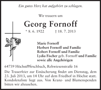 Traueranzeige von Georg Fornoff von Odenwälder Echo