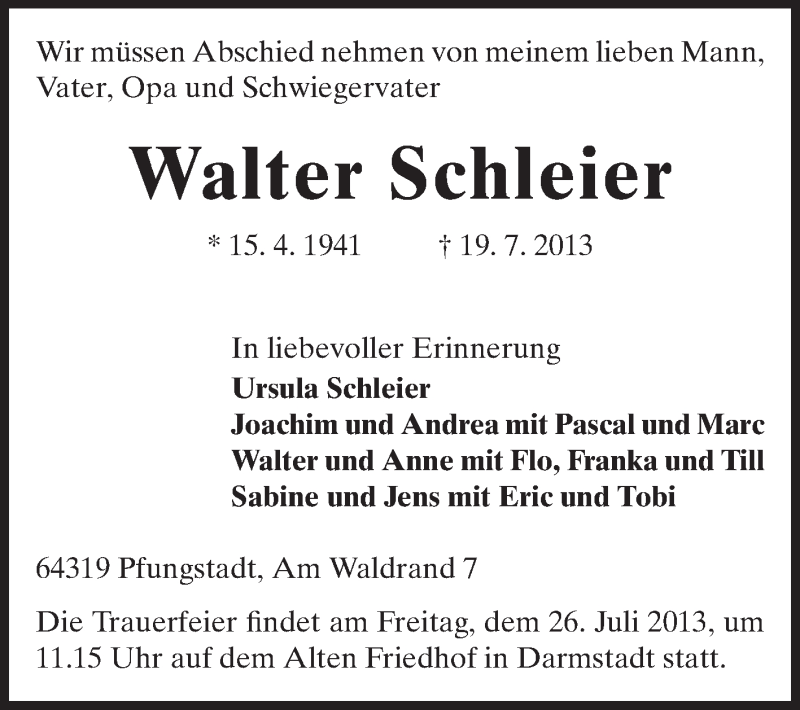  Traueranzeige für Walter Schleier vom 22.07.2013 aus Echo-Zeitungen (Gesamtausgabe)