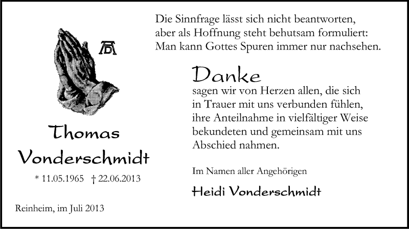  Traueranzeige für Thomas Vonderschmidt vom 27.07.2013 aus Darmstädter Echo, Odenwälder Echo, Rüsselsheimer Echo, Groß-Gerauer-Echo, Ried Echo