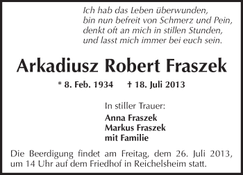 Traueranzeige von Arkadiusz Robert Fraszek von Odenwälder Echo