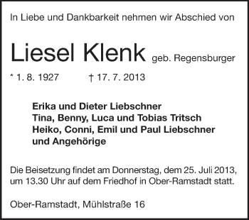 Traueranzeige von Liesel Klenk von Echo-Zeitungen (Gesamtausgabe)
