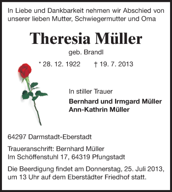 Traueranzeige von Theresia Müller von Echo-Zeitungen (Gesamtausgabe)
