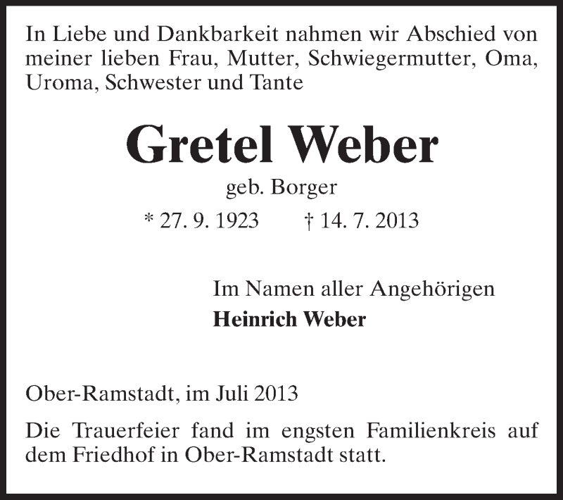  Traueranzeige für Gretel Weber vom 24.07.2013 aus Echo-Zeitungen (Gesamtausgabe)