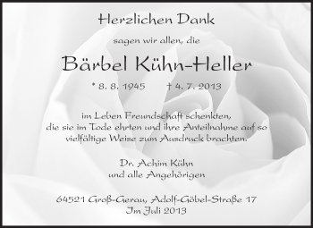 Traueranzeige von Bärbel Kühn-Heller von Rüsselsheimer Echo, Groß-Gerauer-Echo, Ried Echo