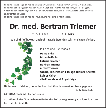 Traueranzeige von Bertram Triemer von Odenwälder Echo