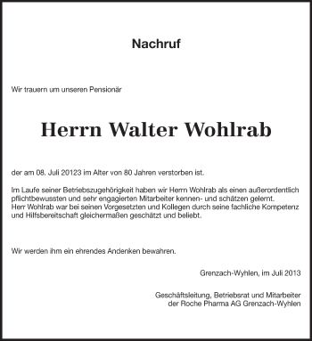 Traueranzeige von Walter Wohlrab von Rüsselsheimer Echo, Groß-Gerauer-Echo, Ried Echo