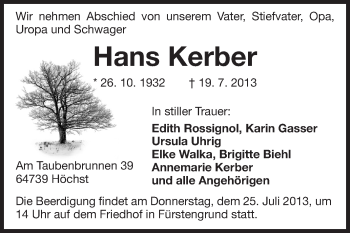 Traueranzeige von Hans Kerber von Odenwälder Echo