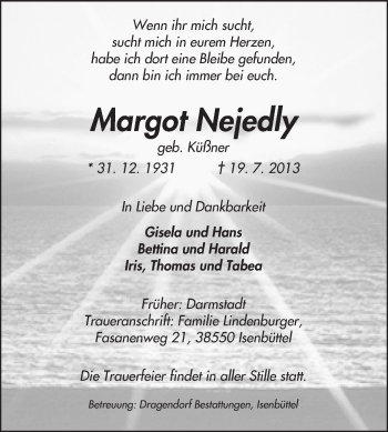 Traueranzeige von Margot Nejedly von Echo-Zeitungen (Gesamtausgabe)