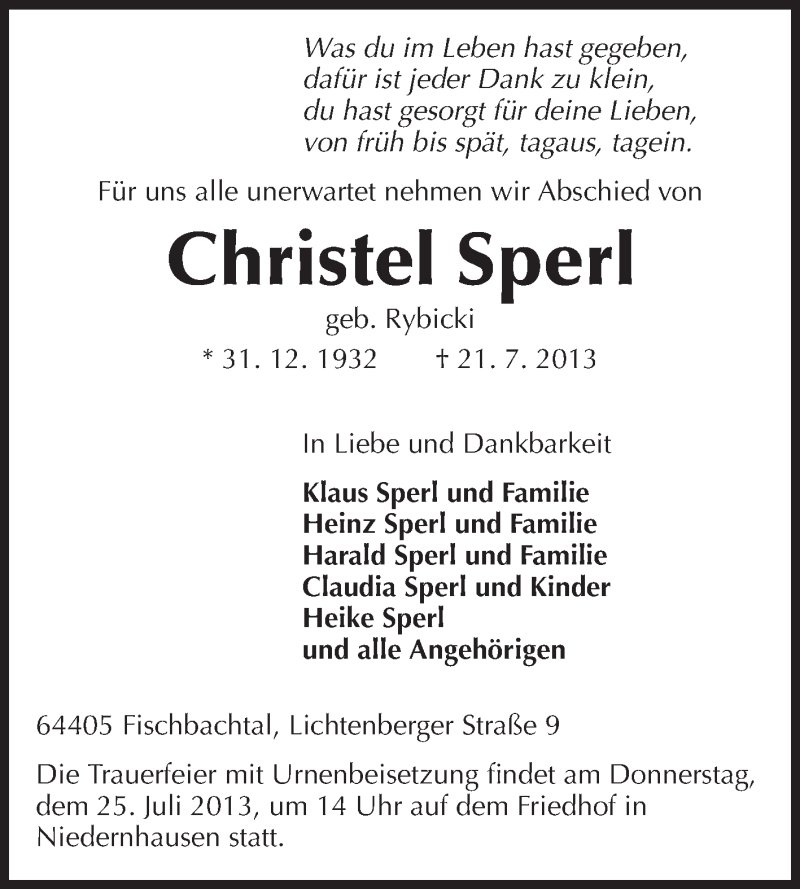  Traueranzeige für Christel Sperl vom 24.07.2013 aus Echo-Zeitungen (Gesamtausgabe)
