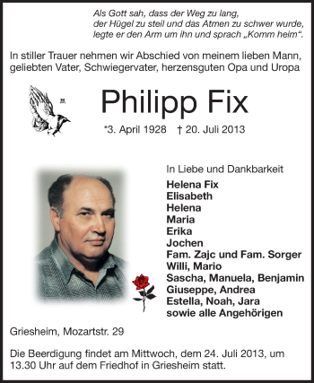 Traueranzeige von Philipp Fix von Darmstädter Echo, Odenwälder Echo, Rüsselsheimer Echo, Groß-Gerauer-Echo, Ried Echo