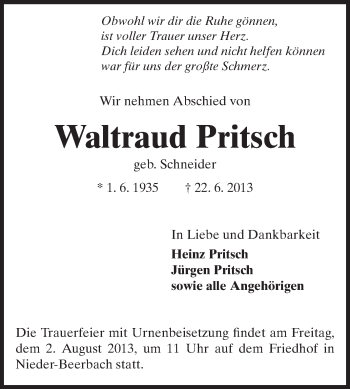 Traueranzeige von Waltraud Pritsch von Echo-Zeitungen (Gesamtausgabe)