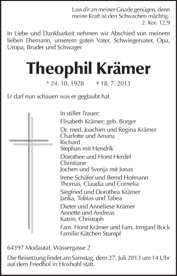 Traueranzeige von Theophil Krämer von Echo-Zeitungen (Gesamtausgabe)