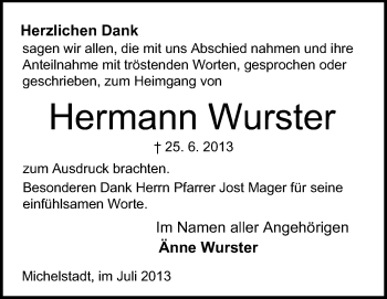 Traueranzeige von Hermann Wurster von Odenwälder Echo