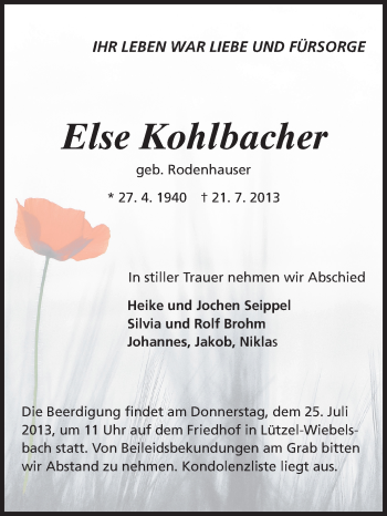 Traueranzeige von Else Kohlbacher von Echo-Zeitungen (Gesamtausgabe)