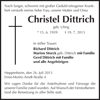 Traueranzeige von Christel Dittrich von Starkenburger Echo