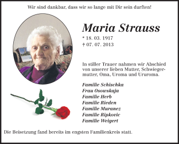 Traueranzeige von Maria Strauss von Starkenburger Echo