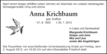 Traueranzeige von Anna Krichbaum von Echo-Zeitungen (Gesamtausgabe)