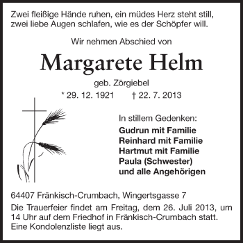 Traueranzeige von Margarete Helm von Echo-Zeitungen (Gesamtausgabe)