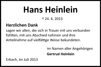 Traueranzeige von Hans Heinlein von Odenwälder Echo