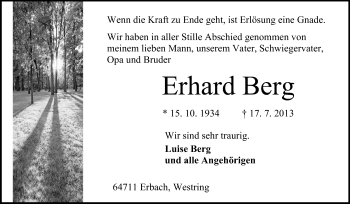 Traueranzeige von Erhard Berg von Odenwälder Echo