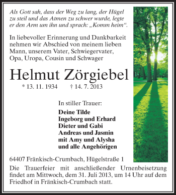 Traueranzeige von Helmut Zörgiebel von Odenwälder Echo