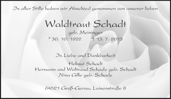 Traueranzeige von Waldtraut Schadt von Rüsselsheimer Echo, Groß-Gerauer-Echo, Ried Echo