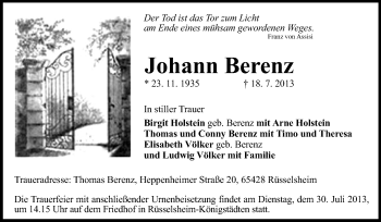 Traueranzeige von Johann Berenz von Rüsselsheimer Echo, Groß-Gerauer-Echo, Ried Echo