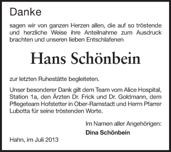 Traueranzeige von Hans Schönbein von Echo-Zeitungen (Gesamtausgabe)