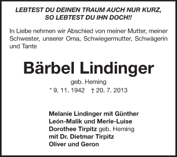 Traueranzeige von Bärbel Lindinger von Echo-Zeitungen (Gesamtausgabe)