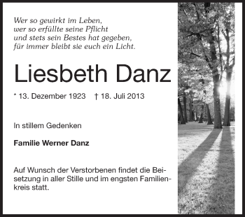 Traueranzeige von Liesbeth Danz von Echo-Zeitungen (Gesamtausgabe)