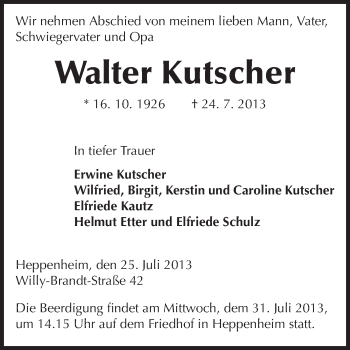 Traueranzeige von Walter Kutscher von Starkenburger Echo