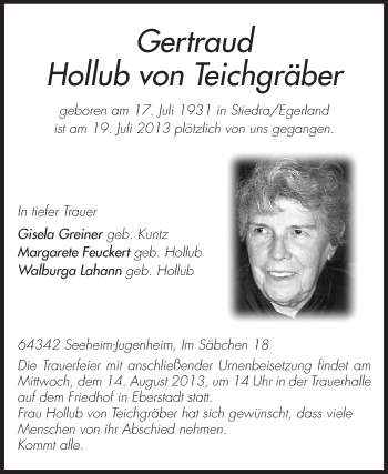 Traueranzeige von Gertraud Hollub von Teichgräber von Echo-Zeitungen (Gesamtausgabe)
