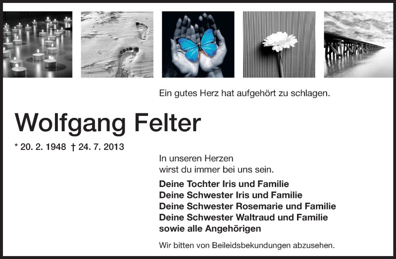  Traueranzeige für Wolfgang Felter vom 31.07.2013 aus Echo-Zeitungen (Gesamtausgabe)