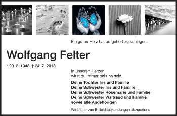 Traueranzeige von Wolfgang Felter von Echo-Zeitungen (Gesamtausgabe)