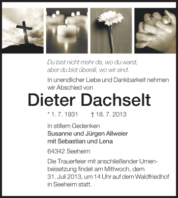 Traueranzeige von Dieter Dachsler von Echo-Zeitungen (Gesamtausgabe)