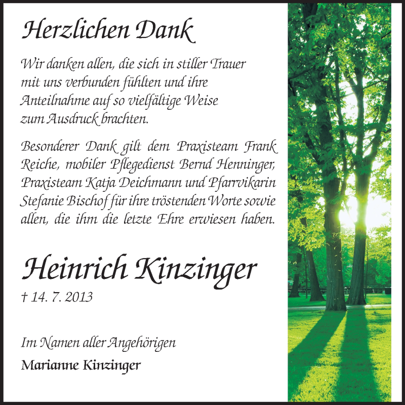 Traueranzeige für Heinrich Kinzinger vom 27.07.2013 aus Rüsselsheimer Echo, Groß-Gerauer-Echo, Ried Echo