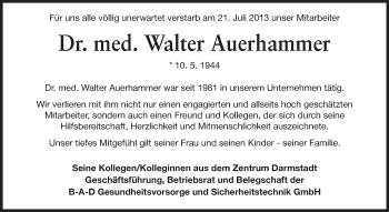 Traueranzeige von Walter Auerhammer von Echo-Zeitungen (Gesamtausgabe)