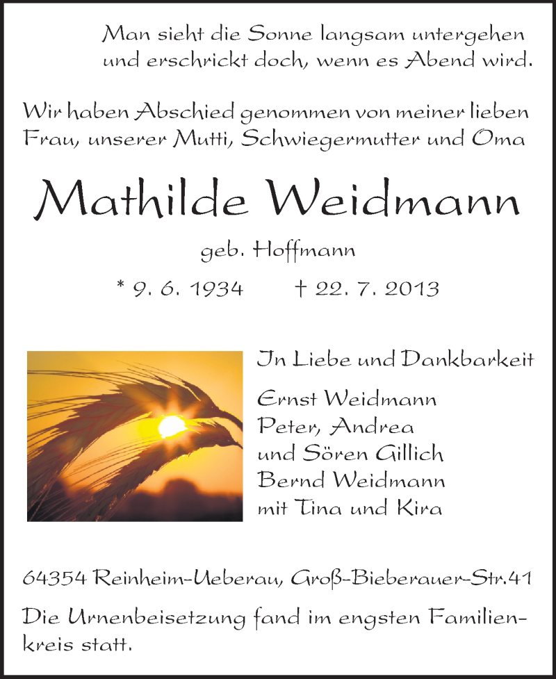  Traueranzeige für Mathilde Weidmann vom 31.07.2013 aus Echo-Zeitungen (Gesamtausgabe)